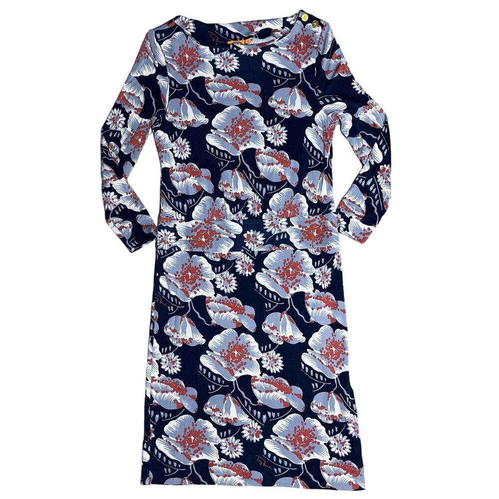 Tory Burch Navy Floral Midi Dress with White and Rust Accents